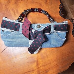 Blue Jean Purse ABJ Vintage Lady with Bead Handle Playful Eclectic Edgy